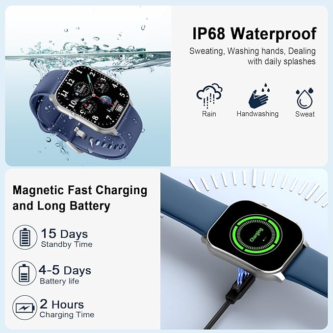 Smart Watch for Men, 2.01" AMOLED Curved HD Screen Smart Watch, Fitness Tracker with 24/7 Heart Rate/Sleep Monitor, IP68 Waterproof Running Watch, Compatible with iOS & Android for Daily Workout Blue