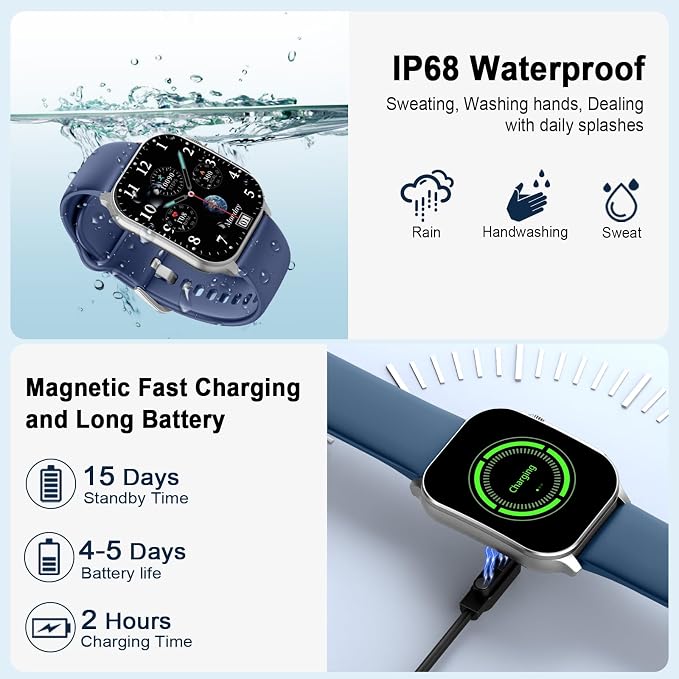 Smart Watch for Men/Women, 2.01" AMOLED Curved Display Fitness Tracker with Answer/Make Calls, 100+ Sport Modes, 24/7 Heart Rate/Sleep Monitor/Pedometer, IP68 Waterproof Watch, for Android iOS Blue