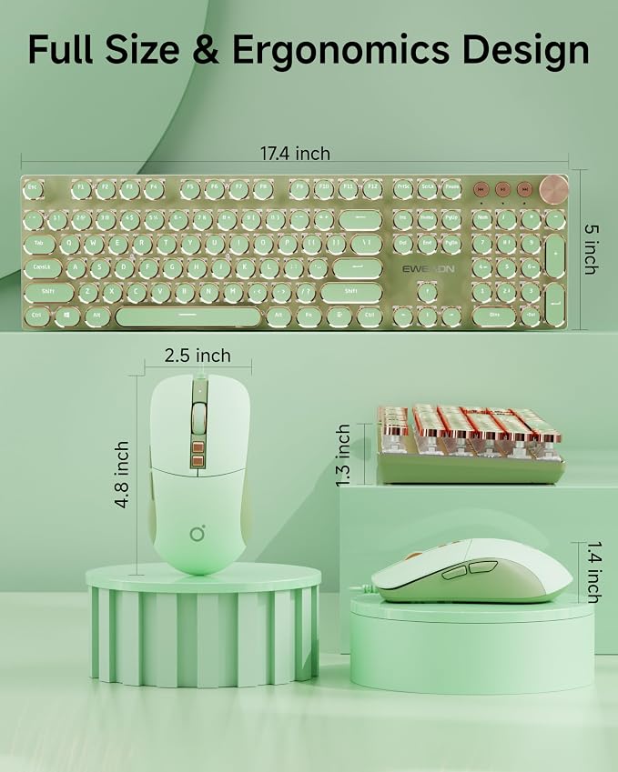 SEUNKWANG Wired Typewriter Keyboard and Mouse Combo, Retro Mechanical Keyboard with Multimedia Knob, White Backlit, Metal Panel, Low Noise Pink Switch Keyboard Mouse Set for PC Laptop - Green