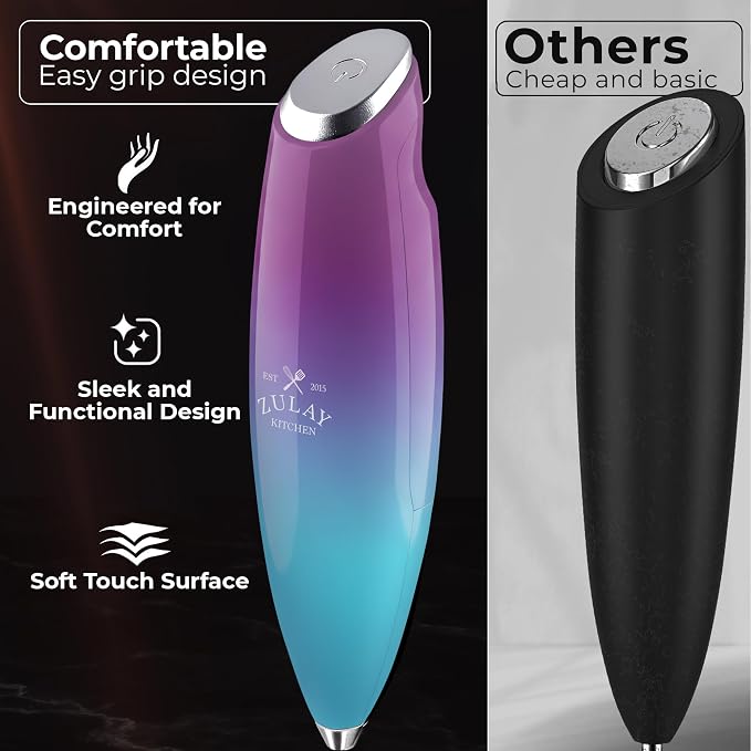 Zulay Kitchen Powerful Milk Frother Wand With Duracell Batteries - Ultra Fast Handheld Drink Mixer - Electric Whisk Foam Maker for Coffee, Lattes, Cappuccino & Matcha - Triple Whisk - Lunar Aurora