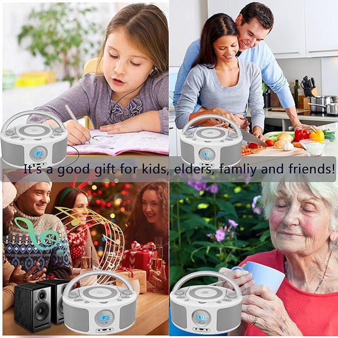 Portable CD Player Boombox with Bluetooth, FM Radio, Remote Control, USB Port and 3.5mm AUX Headphone Jack, Clear Stereo Sound, 4 Watts of Audio, AC/Battery Powered