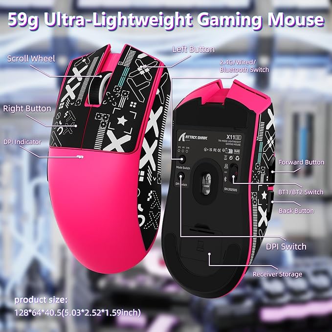 MAMBASNAKE Attack Shark X11SE Lightweight Wireless Gaming Mouse, Tri-Mode 2.4G/USB-C Wired/BT, 22K DPI, PAW3311 Optical Sensor, 59g, 5 Programmable Buttons, 300mAh Battery for PC/Mac((Berry-Griptape)