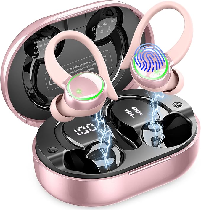 Matast Wireless Earbuds, Bluetooth Headphones Sports, Deep Bass Fitness Earphones Gym Running, Playback Over-Ear Buds with Noise Cancelling Mic, IP7 Waterproof