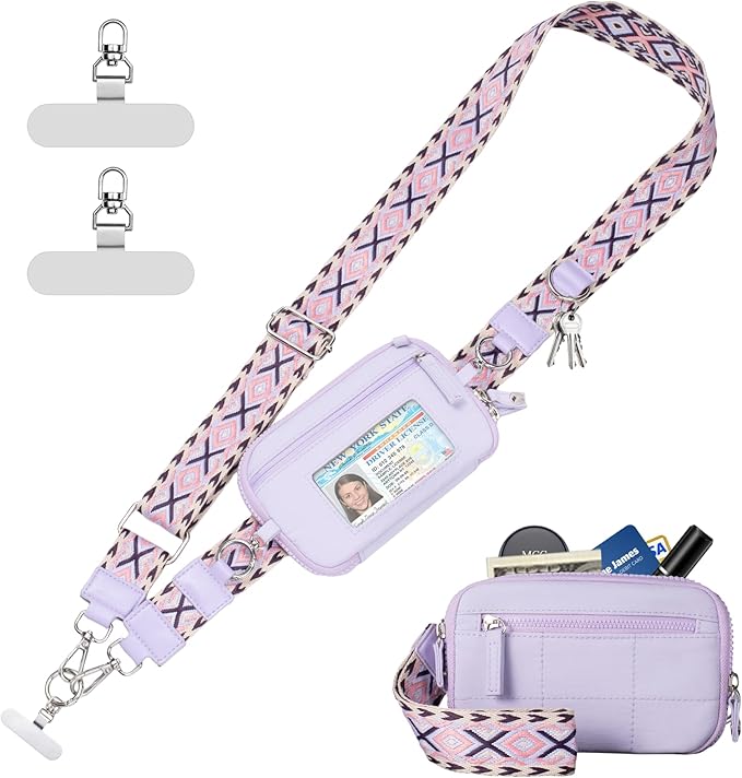 Tiostep Clip and Go Strap for Phone with Wallet Crossbody Phone Lanyard with Anti-Theft Zipper Pouch Detachable Quilted Wrist Wallet with RFID and ID Window for Daily Travel.