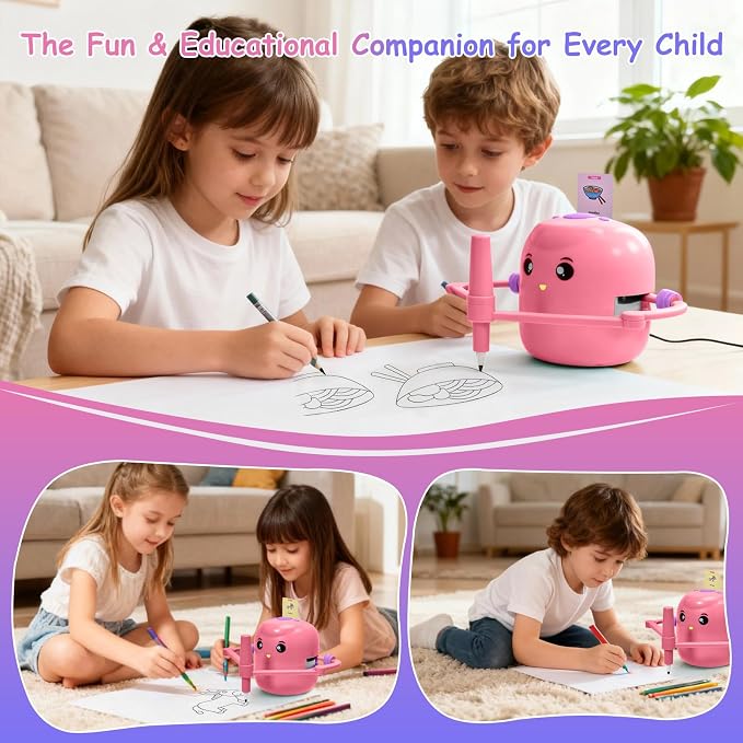 Drawing Robot for Kids, Voice Interactive Educational Drawing Machine with 150 Drawing Cards, Montessori Learning Toys for Kids Ages 3-8, for Boys & Girls (Pink)
