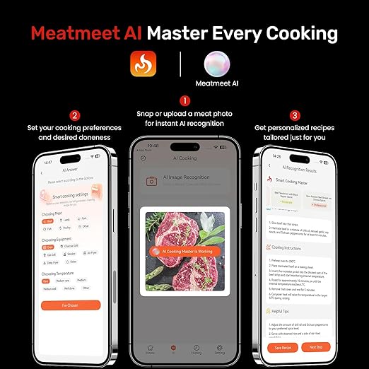 WiFi Wireless Bluetooth Meat Thermometer Digital, Smart AI Powered Cooking Thermomer with APP Control, IP67 Waterproof Meat Probe for BBQ, Oven, Grill, Smoker (Pro)