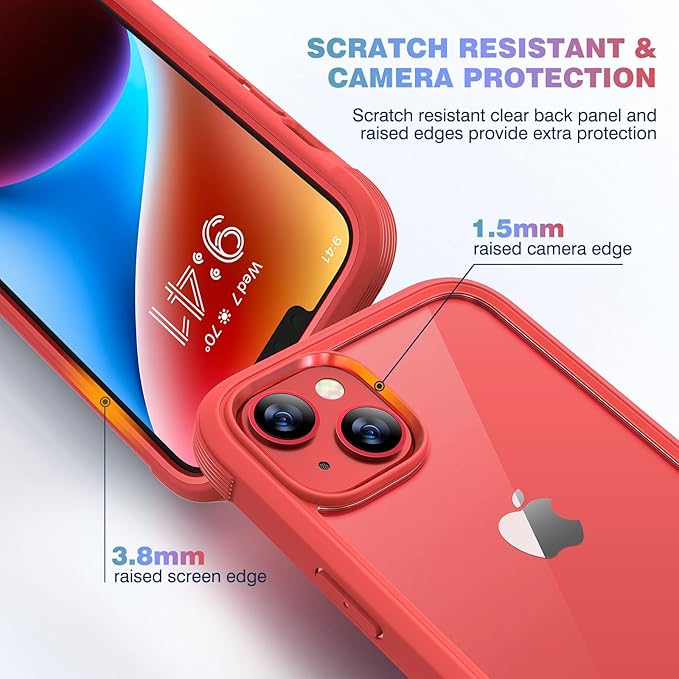 Diaclara Designed for iPhone 14 Plus Case, Full Body Rugged Case with Built-in Touch Sensitive Anti-Scratch Screen Protector, with Camera Lens Protector (Red and Clear)