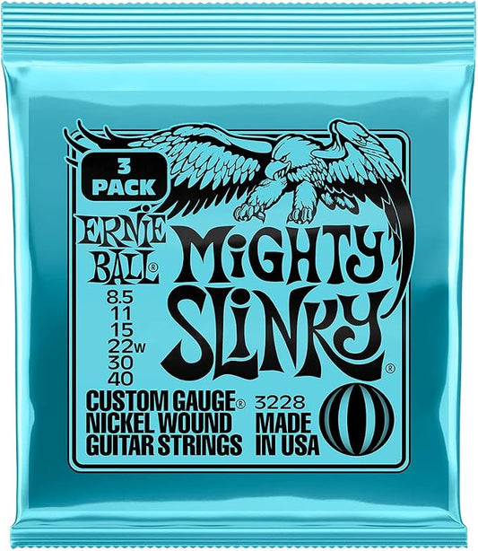 Ernie Ball Mighty Slinky Nickel Wound Electric Guitar Strings 3-pack, 8.5-40 Gauge (P03228)