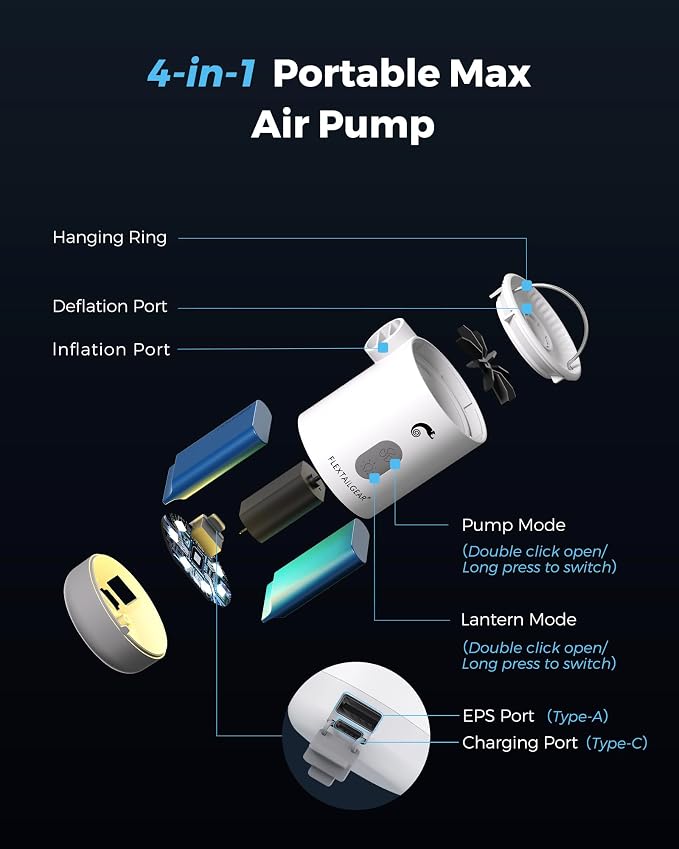 FLEXTAILGEAR 4.5kPa Air Pump for Inflatables, Portable Air Pump with Led Light, 3600 mAh Rechargeable Battery Air Mattress Pump Inflator Pump for Pool Floats Boats Sleeping Pads Inflatable Toys