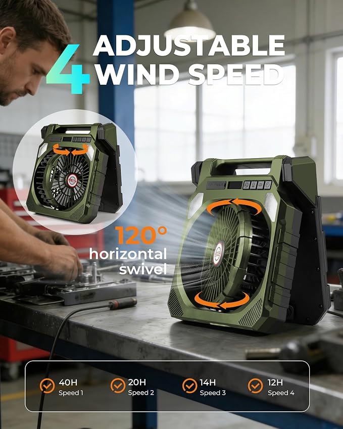 22000mAh Camping fan with Dual Solar Panel, 10" Rechargeable Solar Powered Fans with LED Light and Arc Flashlight for Outside, 180° Swivel Oscillating Battery Operated Tent Cooler for Picnic, Fishing