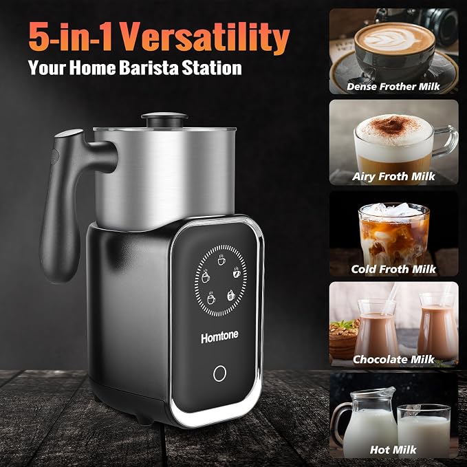 Homtone Upgrade 5-in-1 Milk Frother Electric Milk Frother, 21 oz Induction Milk Frother, 120V Removable Stainless Steel Automatic Milk Steamer for Latte, Hot Chocolate, Hot & Cold Foam