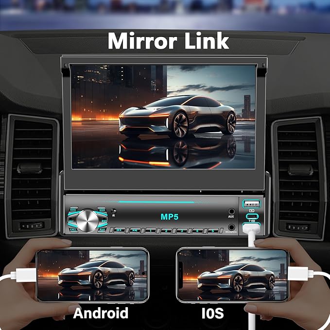Single DIN Touchscreen Radio, Flip Up Screen Car Stereo with Bluetooth, Flip Out Single DIN Radio Supports MirrorLink, FM Radio, EQ, 1080P, USB, Aux-in HD Backup Camera & SWC for Car Audio Upgrade