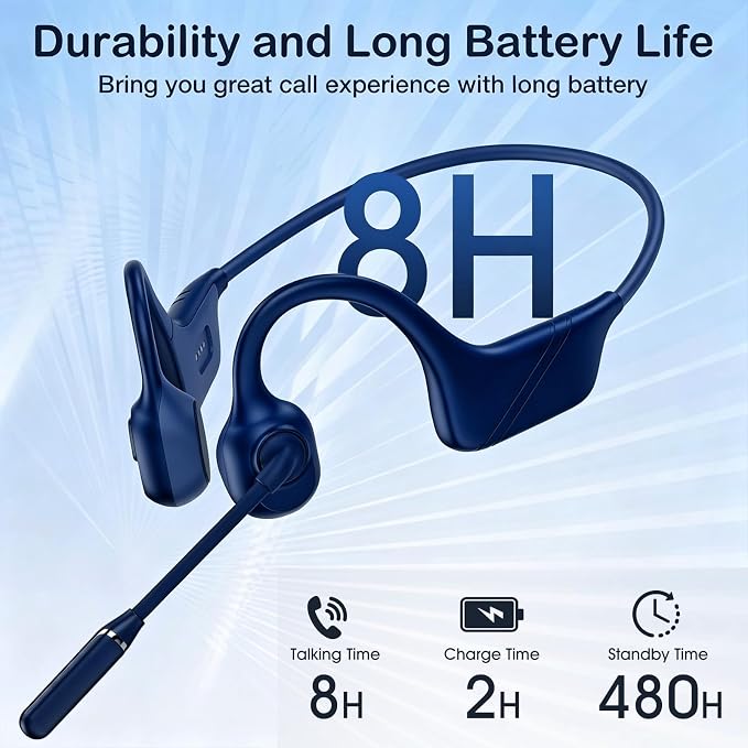 Meetings Open-Ear Headphones with Rotatable Noise-Canceling Boom Mic, Bone Conduction Bluetooth 5.4 Headphones with One-Touch Mute&Magnetic Charging for All-Day Use,Perfect for Driving Learning(Blue