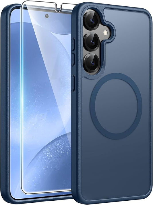 FNTCASE for Samsung Galaxy S25 Case: Samsung Galaxy S24 Phone Case Fit with Magsafe Translucent Matte Case with [Screen Protector] Military Grade Shockproof Protective Phone Cover-Blue