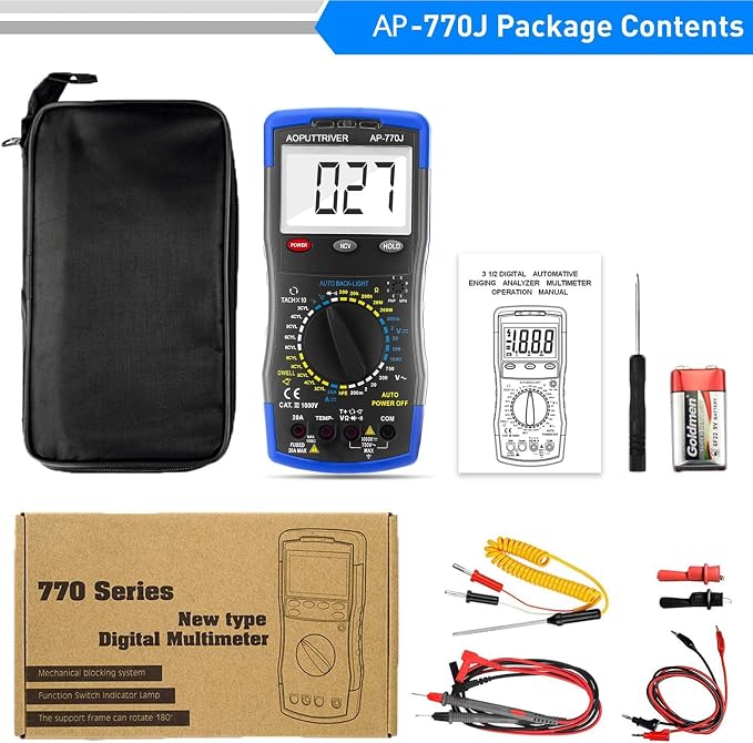 Digital Multimeter AP-770J Automotive Multimeter Engine Analyser Manual Ranging NCV Multi Tester Measure Voltage/Current/Resistance/Temp/RPM/Dwell Angle with Data Hold+Backlight+Auto Off+℃/℉