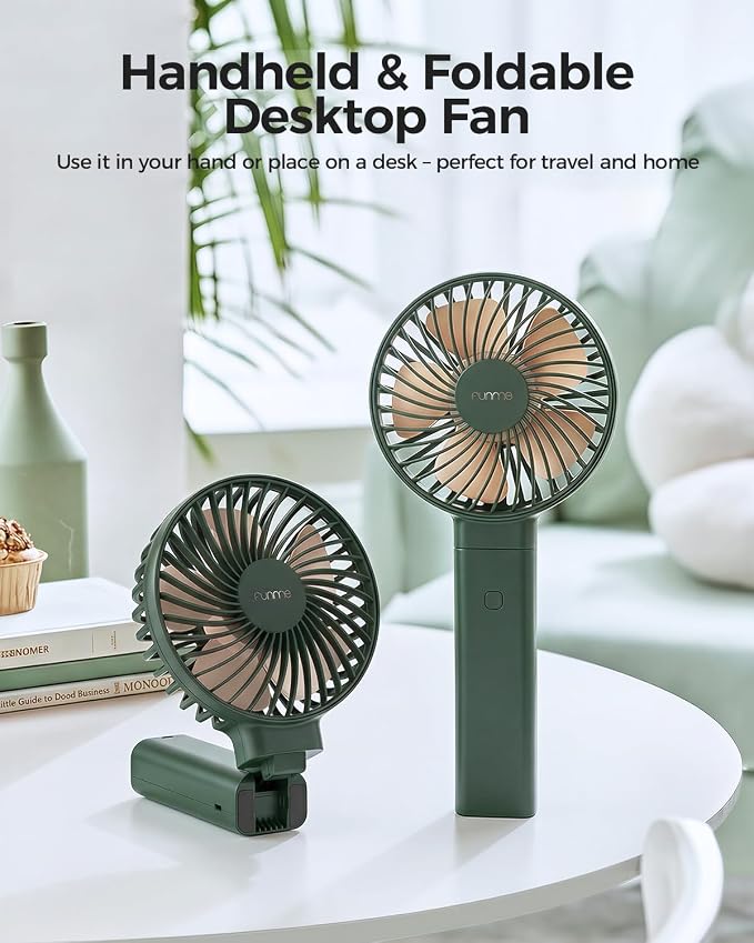 Funme Portable Handheld Fan, 5000 Battery with 20 Hour/4 Speeds/Easy Clean, Foldable Powerful Cooling Personal Desk Fan Exquisite for Desk/Travel/Office/Outdoor - Dark Green