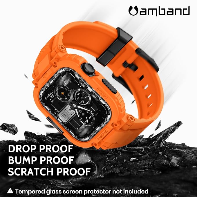 amBand Compatible with Apple Watch Series 11/10 42mm Bands Case for Men Women, M1 Sport Rugged Heavy Duty Protective Cover Tactical Strap Military Protector Bumper for iWatch Accessories - Orange