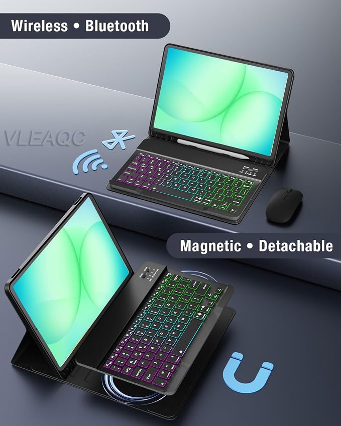 Keyboard Case for Samsung Galaxy Tab A11 Plus 11 Inch 2025 / A9+ Plus 2023 Tablet, Detachable Rainbow Backlit Wireless Keyboard and Mouse, Slim Stand Cover with S Pen Holder (Black)