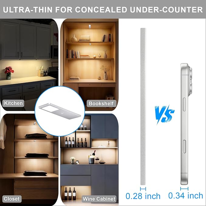 Under Cabinet Lights, 15W Plug in Linkable LED Dimmable Hardwire Under Cabinet Lighting for Counter Closet Bookshelf Shelf, 0.28 inch Ultra Thin, 3000K/4000K/5000K, 3-in-1, Silvery, ETL