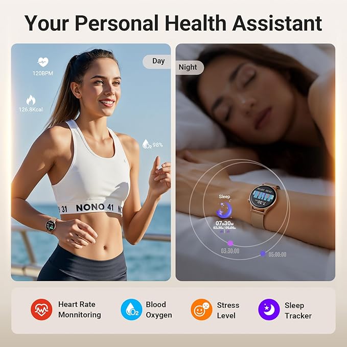 Fitpolo Smart Watch for Women,1.3" AMOLED Touchscreen Fitness Tracker, Make/Answer Calls, Heart Rate SpO2 Monitor,IP68 Waterproof,Sleep Activity Tracking Smartwatch for Android Phones iPhone (Bronze)