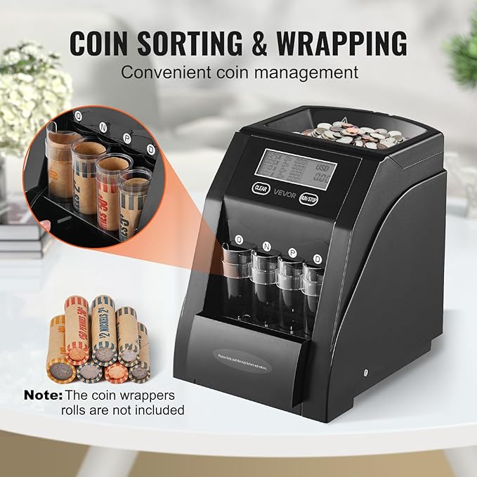 VEVOR USD Coin Sorter, Coin Counter Machine for ¢1 ¢5 ¢10 ¢25 Coins, LCD Screen Display, Coin Sorter and Wrapper Machine with Thicker Coin Tubes and Tray, Holds up to 200 Coins