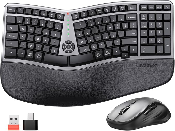 MEETION Ergonomic Keyboard and Mouse Wireless Combo, 2.4G Curved Compact Keyboard with Cushioned Palm Rest, 4 Level DPI Adjustable Wireless Mouse, for Windows/Mac/Desktop/PC/Laptop, Gray Black
