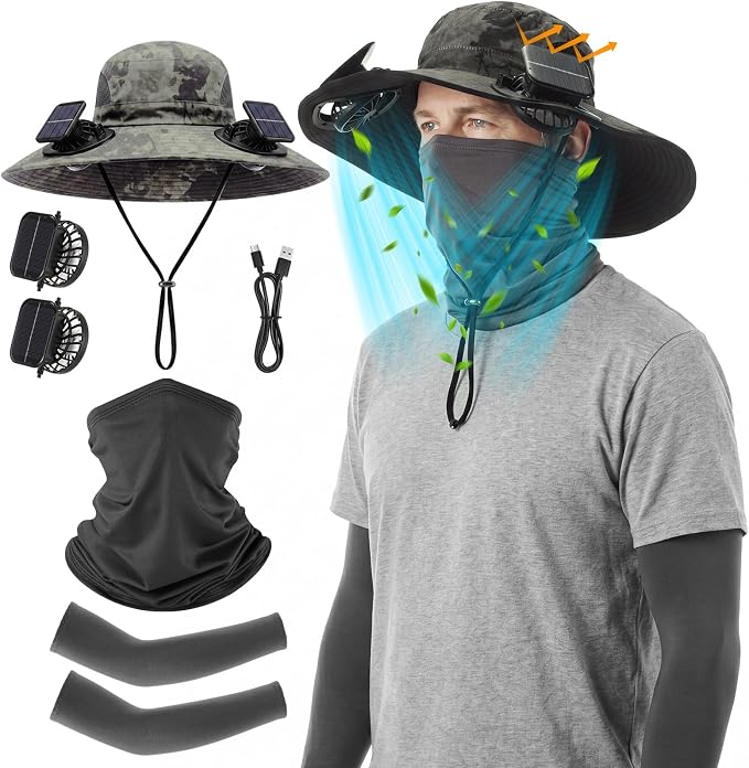 Syhood Solar Powered Fan Hat Neck Gaiter Arm Sleeves Sun Bucket Hat with Fan Cooling Wide Brim Hats for Fishing Hiking