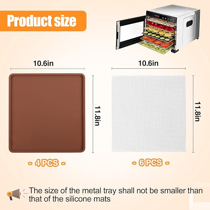 4 Silicone Dehydrator Mats & 6 Mesh Dehydrator Sheets, Reusable Non-stick Tray Liner with Edge, Compatible with Cosori CP267-FD for Fruits Meat Vegetables(Pack of 10)