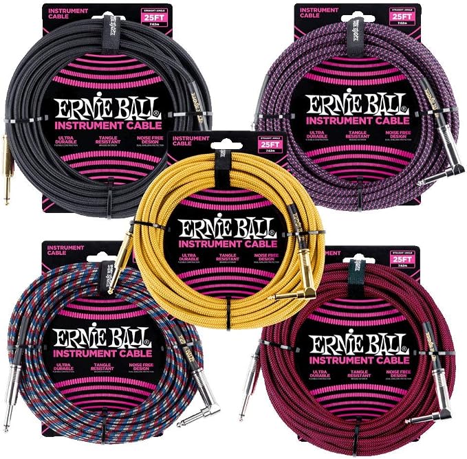 Ernie Ball Braided Instrument Cable, Straight/Angle, 25ft, Black (P06058)