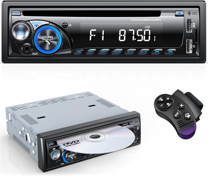 Car Radio Bluetooth with CD DVD Player, Wistrue Single Din FM/AM Car Stereo with CD Player, Support 2 USB/SD/AUX/7 Colors/Fits 9-24V Vehicles