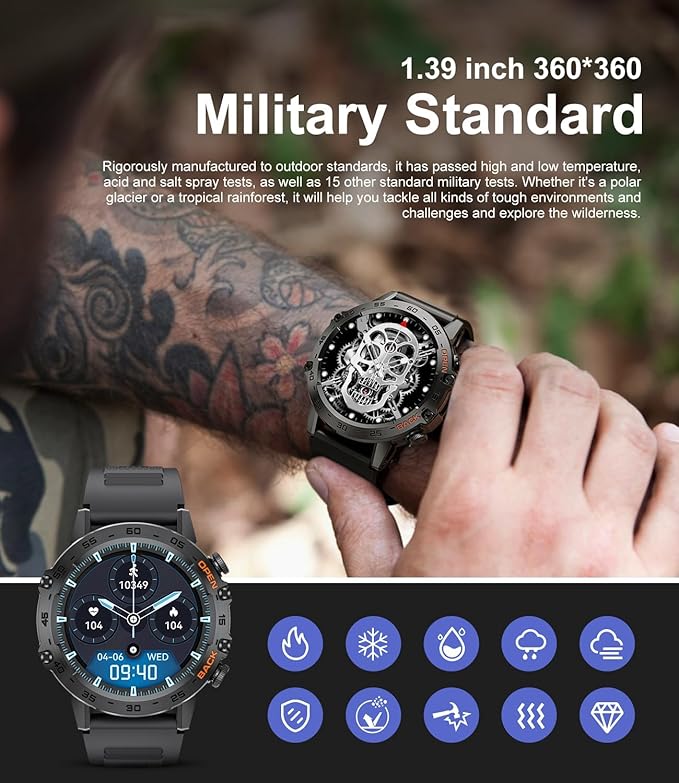 SUNKTA Smart Watches for Men(Answer/Calls),1.39 inch Touchscreen/5ATM Waterproof/120+ Sports Modes Fitness Watch with Heart Rate for Android/iOS Silicon Black