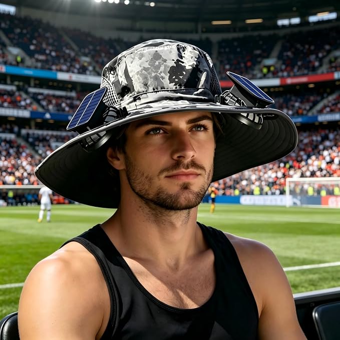 Wide Brim Solar Fan Hat for Men Women, 2026 3-in-1 Detachable Solar Powered Fan Hat, with Removable Neck Cap and Face Mask