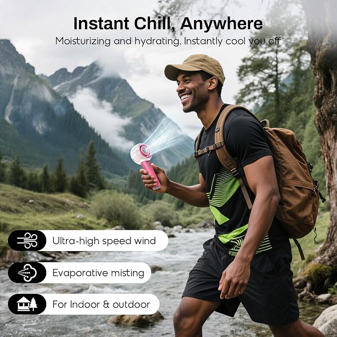 Misting Portable Handheld Fan, Powerful Turbo Motor, 6000mAh Rechargeable Battery Personal Mini Fans with 4 Strong Wind Cooling Gadgets for Travel Camping, Beach, Outdoor, Gifts for Women Men-Hot Pink