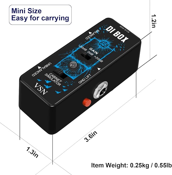 VSN High Performance Passive DI Box Unit Hum Eliminator 1/4 instrument Direct Box to Balanced and Unbalanced XLR Mini Size Ture Bypass