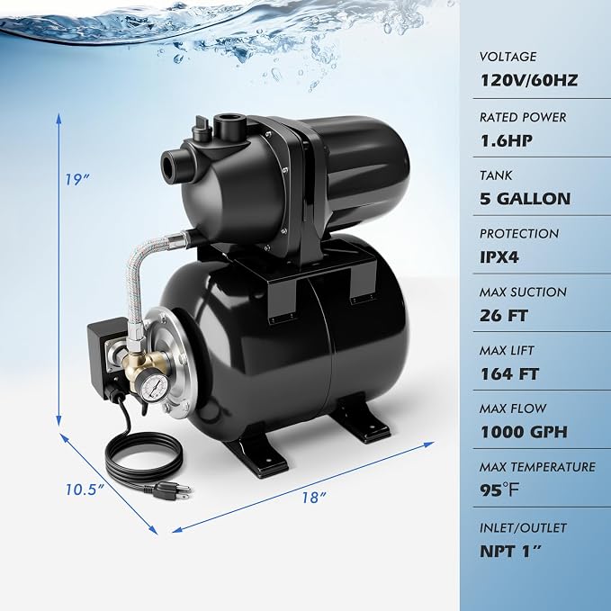 Goplus 1.6HP Shallow Well Pump with Pressure Tank, 1000GPH Garden Water Pump Jet Pressurized Automatic Water Booster Jet Pump for Home Irrigation Garden Lawn, 1200W (Black)