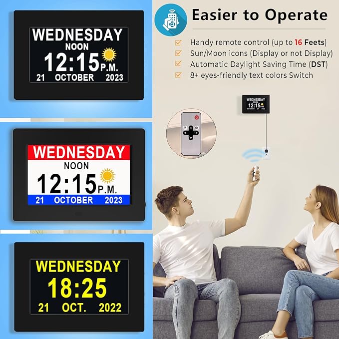 [New Version] 7 Inch Day Clock - 19 Alarms,20 Custom Reminder, Remote Control, Level 10 Auto Dimmable Display Calendar Clock, Non-Abbreviated Day Date Alarm Clock for Impaired Vision Dementia Seniors