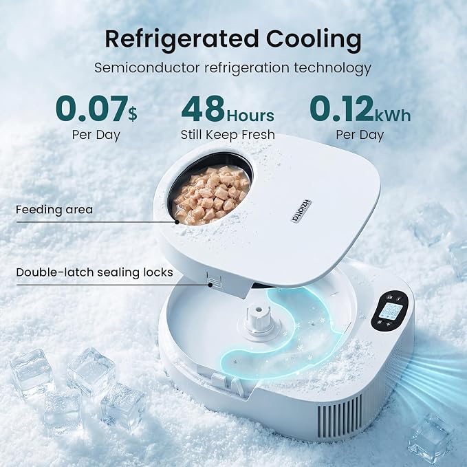 Semiconductor Cooling Refrigerated Automatic Cat Feeder Wet Food | No Ice Packs 48H Fresh Keeping, Removable Dual-Section Tray, Meal Timer for Portion Control, Work Schedules & Weekend Travel