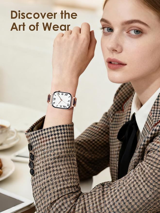 V.R.HOPE Apple Watch Band for Women 42mm 44mm 45mm 46mm 49mm Fashion Rose Gold Stainless Steel Metal Strap with Resin Inlay, Fashion Bracelet Compatible with iWatch Series Ultra3/11/10/9/8/7/6/SE (Tortoise+Rose Gold)