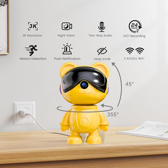 3K 5MP Indoor Security Camera for Home – Cute Bear Baby Monitor & Pet Camera, 2.4/5G WiFi, AI Human & Pet Detection with Auto Tracking, IR Night Vision, RTSP/ONVIF, Works with Alexa & Google