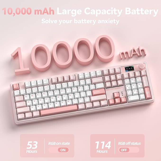 LINGBAO K108 Pro Wireless Mechanical Keyboard with Screen & Knob, Full Size Creamy Keyboard with Number Pad, 10000mAh Battery, PBT Keycaps, RGB Backlit, Hot-swappable Pink Gaming Keyboard for PC/Mac
