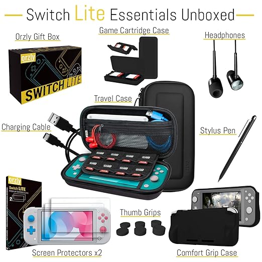 Orzly Switch Lite Accessories Bundle - Case & Screen Protector for Nintendo Switch Lite Console, USB Cable, Games Holder, Comfort Grip Case, Headphones, Thumb-Grip Pack & More (Orzly Gift Pack)