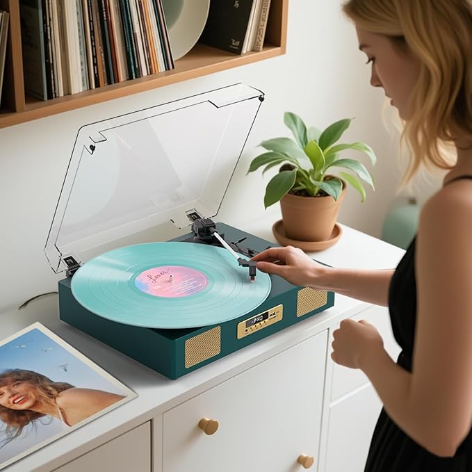 Vinyl Record Player with Enhanced Speakers, Wireless Bluetooth Playback, USB/SD Recording, 3-Speed Belt Drive Turntable, Vintage LP Player Support RCA Output AUX Input EQ,Dark Green