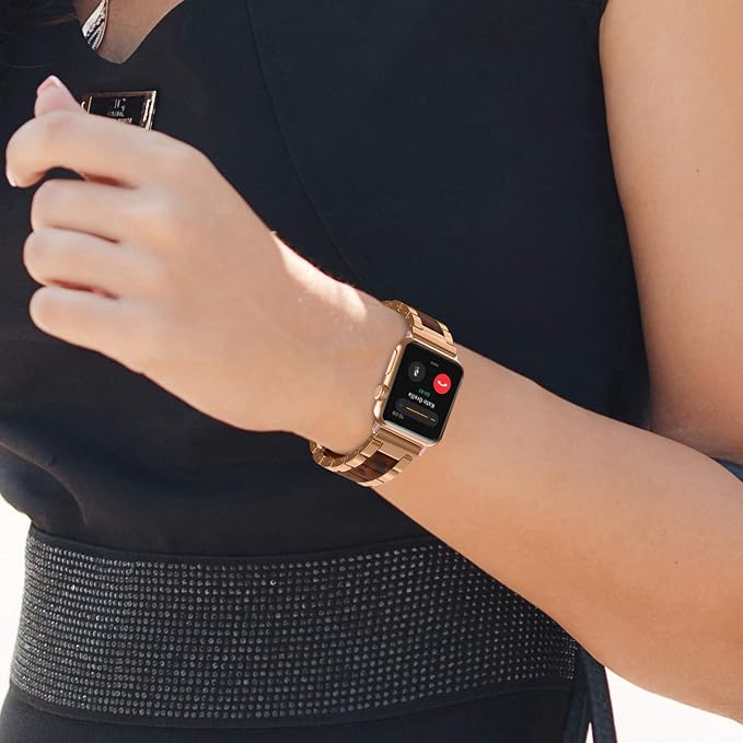 Wearlizer Compatible with Apple Watch Bands 42/44/45/46/49mm Wristband Womens Mens， Stainless Steel Fashion Resin Strap iWatch Series 11 10 9 8 7 6 5 4 3 SE/Ultra 3 2 1-Dark Rose Gold+Tortoise