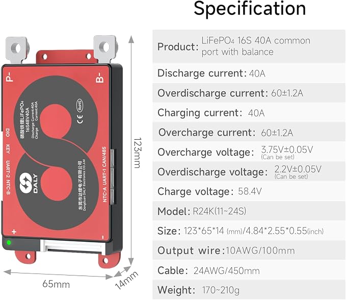 DALY Smart BMS 4S-16S 40A-500A with WiFi Module and CAN 485 Communication Protection Board for LifePO4 Lithium Battery Pack (Smart BMS 16S 48V，40A)