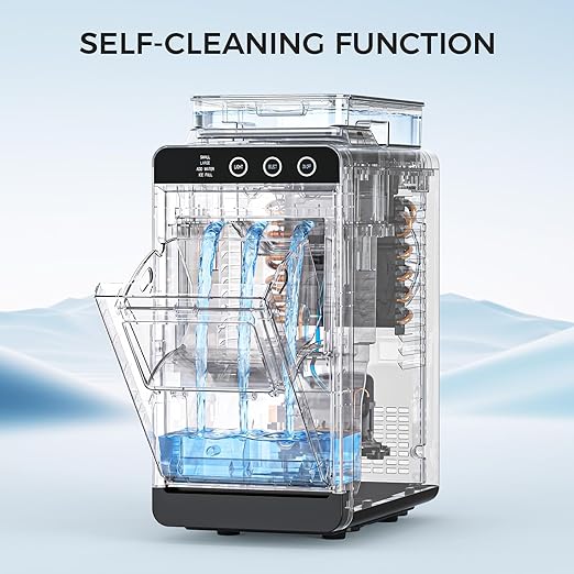 COWSAR Ice Maker Countertop, Portable Ice Machine with External Water Tank, 8 Cubes in 6 Mins, 26 lbs/24Hrs, Self-Cleaning Quiet Compact Commercial Ice Makers for Home, RV, Camping， Black and Silver