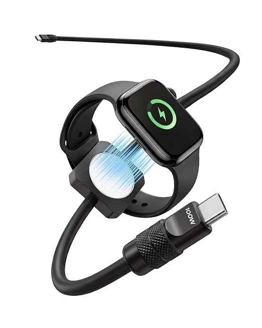 chubbycable Solo-Flex 2-in-1 USB-C Cable with Apple Watch Charger, Built-in 5W Magnetic Charger for Apple Watch, 100W Fast Charging, 4FT Thick Silicone Cable, Black