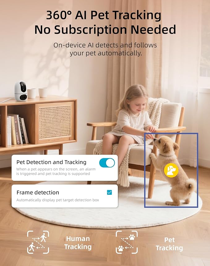 VIRTAVO Pet Camera Indoor for Dogs & Cats, 360° PTZ Pet Monitor with Motion Tracking, Dual‑Lens, 2‑Way Audio, Night Vision, No Subscription, Wi‑Fi 6 (2.4GHz/5GHz), SD & Cloud Storage