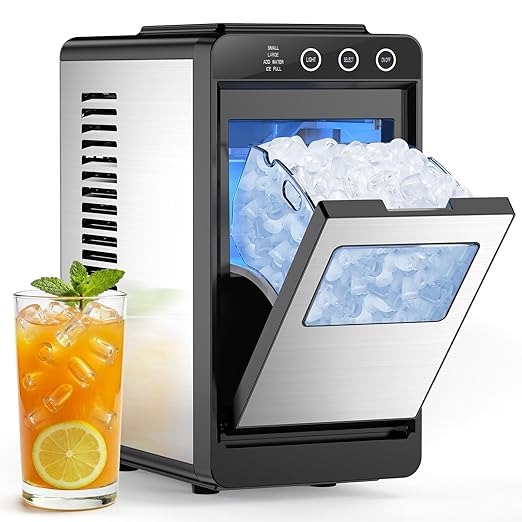 COWSAR Ice Maker Countertop, Portable Ice Machine with Self-Cleaning, 8 Cubes in 6 Mins, 26 lbs/24Hrs, Quiet Commercial Compact Ice Machine for Home, Camping, Bar, Stainless Steel Sliver