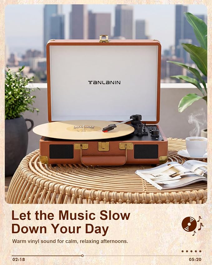 Vinyl Record Player Bluetooth Vintage 3-Speed Portable Suitcase Turntables with Built-in Speakers, Belt-Driven LP Player Support USB Recording AUX-in RCA Line Out Headphone Jack, Brown