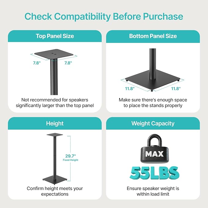 Speaker Stands Pair, 30" Fixed Height, 55lbs Weight Capacity, 11.8" Base, Cable Management, Freestanding Speaker Floor Stand for Surround Sound, Metal Base